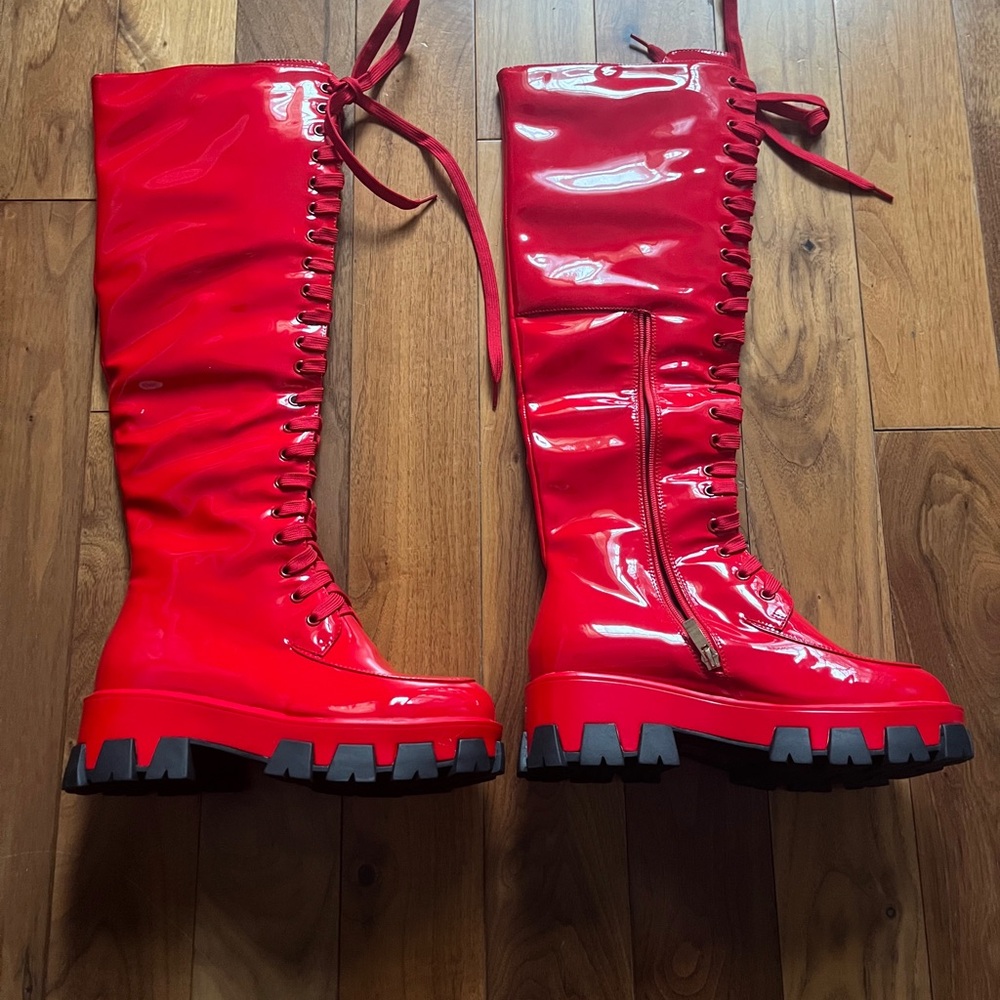 Glossy Red Lace-Up Combat Boots